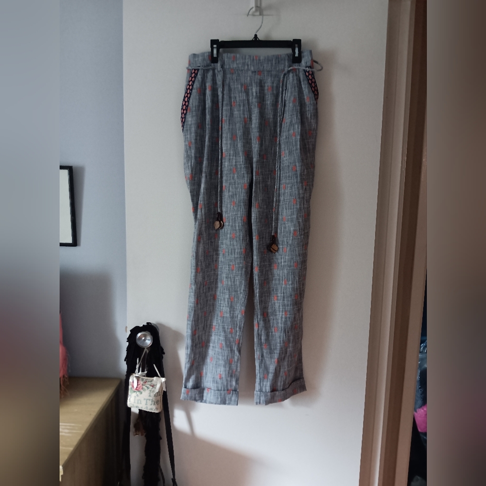 NWT OLLARI Anthropologie Woven Embroidered Cotton Pants M